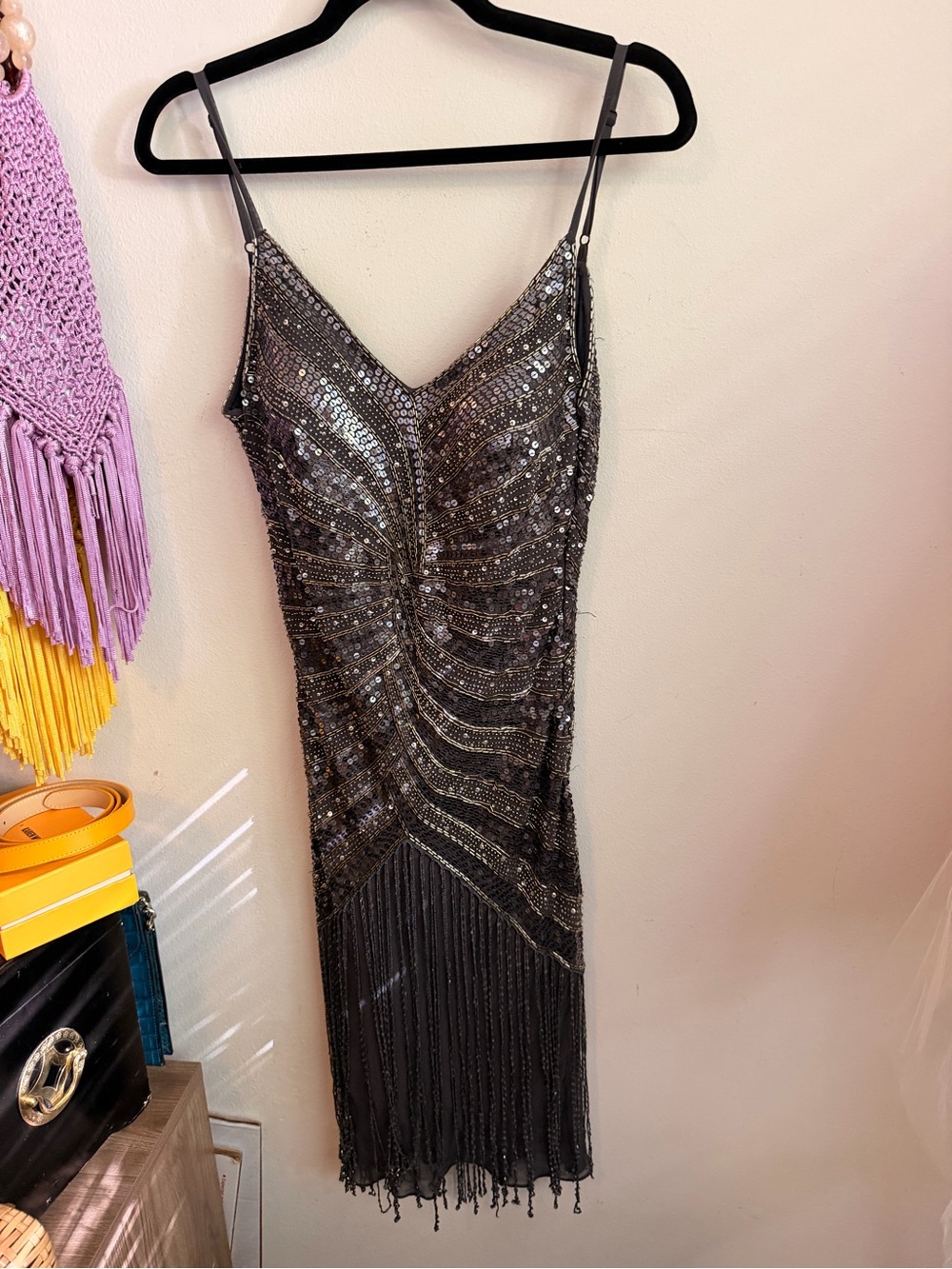 Sue Wong Women’s Metallic Charcoal Sequin Fringe Slip Dress